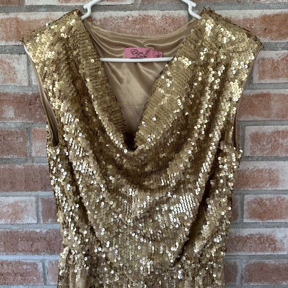 NWT Eliza J Gold Sequin Cocktail Draped Neck Party Dress Size 6 - Picture 4 of 12